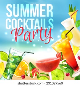 Cocktail party summer poster with alcohol drinks in glasses on blue background vector illustration