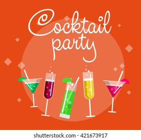 Cocktail party summer poster with alcohol drinks in glasses on background vector illustration