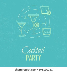 Cocktail party template with glass icons. Vector illustration with cocktail silhouette for beverage menu, cocktail party invitation card, banner, flyer, alcohol drink ad