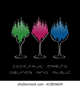 Cocktail Party template with glasses and equalizer. Musical Flyer, Night Party poster or Club Invitation design. Disco background. 