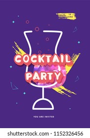Cocktail party template. Holiday banner with shine decoration and creative lettering. Event invitation ultra violet flyer. Vector illustration.