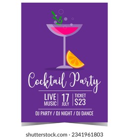 Cocktail party vector illustration with a glass of alcoholic drink and a slice of or lemon on blue background. Cocktail party invitation poster, banner, leaflet or flyer for entertainment event.