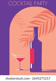 Cocktail party, vector image of a bottle of alcohol and a glass of cocktail, shadow from a palm tree. Flat design of a restaurant, holiday, wine bar on the beach, summer party, drinks, wine list