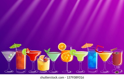 Cocktail party vector invitation poster or banner with colorful hand drawn drinks