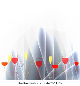 Cocktail Party Vector.Bar Menu Ilustration.Suitable for Poster.Party Design Menu.Invitation Card with Glasses.Alcoholic Bottles Background.Wine List Design.