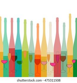Cocktail Party Vector.Bar Menu Ilustration.Suitable for Poster.Party Design Menu.Invitation Card with Glasses.Alcoholic Bottles Background.Wine List Design.
