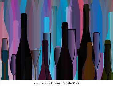 Cocktail Party Vector.Bar Menu Ilustration.Suitable for Poster.Suitable for Poster.Invitation Card with Glasses.Alcoholic Bottles Background.Wine List Design.