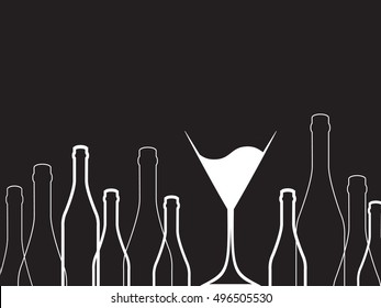  Cocktail Party Vector.Bar Menu Ilustration.Suitable for Poster.Invitation Card with Glasses.Alcoholic Bottles Background.Wine List Design.