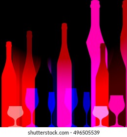  Cocktail Party Vector.Bar Menu Ilustration.Suitable for Poster.Invitation Card with Glasses.Alcoholic Bottles Background.Wine List Design.