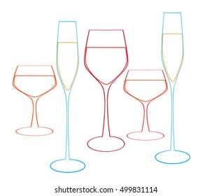 Cocktail Party Vector.Bar Menu Ilustration.Suitable for Poster.Suitable for Poster.Invitation Card with Glasses.Alcoholic Bottles Background.Wine List Design.