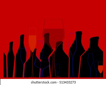 Cocktail Party Vector.Alcoholic Bottles Background.Bar Menu Ilustration.Suitable for Poster.Invitation Card with Glasses.Wine List Design.