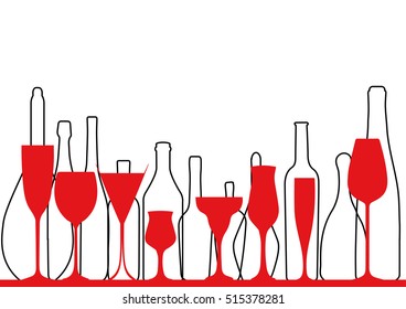 Cocktail Party Vector.Alcoholic Bottles Background.Bar Menu Ilustration.Suitable for Poster.Invitation Card with Glasses.Wine List Design.