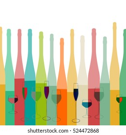 Cocktail Party Vector.Alcoholic Bottles Background.Bar Menu Ilustration.Suitable for Poster.Invitation Card with Glasses.Wine List Design.