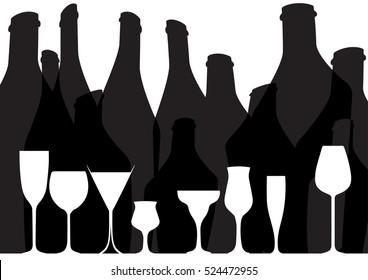 Cocktail Party Vector.Alcoholic Bottles Background.Bar Menu Ilustration.Suitable for Poster.Invitation Card with Glasses.Wine List Design.