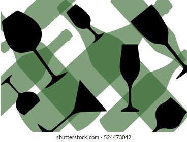 Cocktail Party Vector.Alcoholic Bottles Background.Bar Menu Ilustration.Suitable for Poster.Invitation Card with Glasses.Wine List Design.