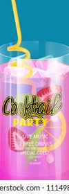 Cocktail party vertical banner with cocktail objects in a glass. Vector illustration