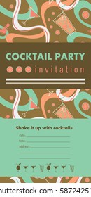 Cocktail party vertical invitation card template with cocktails, citrus, waves. Colorful and gold colors. Place for your text.