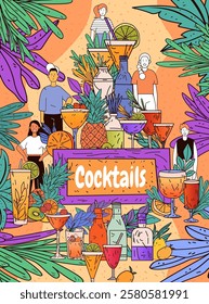 Cocktail party vibrant drinks tropical theme colorful beverages fruits people surrounded by lush leaves and citrus elements lively atmosphere poster