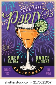 Cocktail party vintage colorful poster orange drink for dance night party and fireworks on California hangout vector illustration