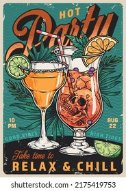 Cocktail party vintage colorful poster holidays invitation in nautical style with fruit smoothies and tropical leaves vector illustration