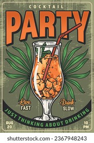 Cocktail party vintage flyer colorful with orange lemonade with ice cubes and straw near tropical plant leaves vector illustration