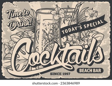 Cocktail party vintage sticker monochrome tropical plants around cold drinks from beach bar with lemon slices and ice vector illustration