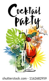 Cocktail party. Watercolor vector illustration of cocktails and decoration