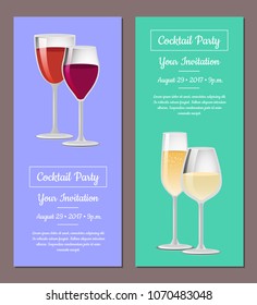 Cocktail party your invitation on summertime party vector invitational leaflet on celebration summer fest with red and white wine, champagne and merlot