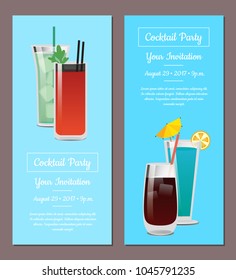 Cocktail party your invitation posters set mojito and bloody mary, blue lagoon and whiskey cola, mentioned date and time of visit vector illustration
