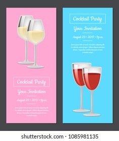 Cocktail party your invitation posters set red and white wine in glasses, mentioned date and time of visit, champagne in glassware on long stem vector