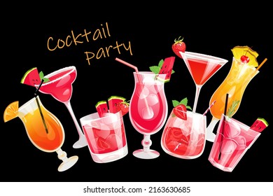 Cocktail party.Glasses with various alcoholic beverages on a black background.Template for web advertising.menu,bar.