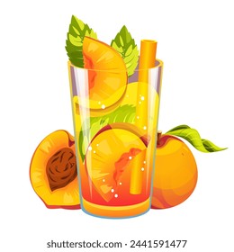 Cocktail with peach. Fruity summer juice. Smoothie with fresh fruit. Lemonade with peach.Vector illustration.