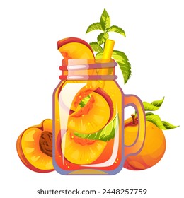 Cocktail with peach. Refreshing drink in a can with peach. Summer juice with peach. Smoothie with fresh fruit. Lemonade with peach. Vector illustration.