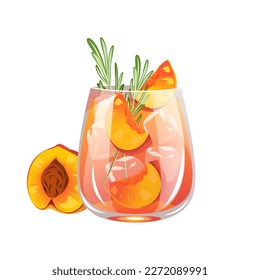 Cóctel con melocotones, romero y hielo.Refrescante, cóctel, limonada.Bebidas frías de verano.Ilustración vectorial.