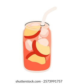 Cocktail with peaches, rosemary and ice.Refreshing, cocktail, lemonade.Summer cold drinks.Vector illustration.