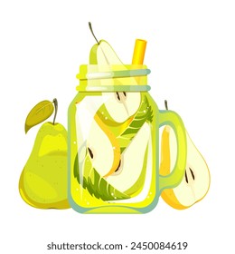 Cocktail with pear. Refreshing drink in a can with pear. Summer juice with pear. Smoothie with fresh fruit. Lemonade with pear. Vector illustration