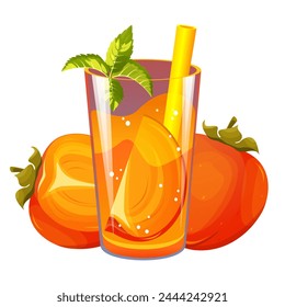 Cocktail with persimmon. Fruit summer juice, lemonade. Smoothie with fresh fruit. Juice with persimmon. Vector illustration.