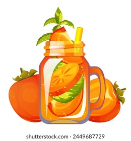 Cocktail with persimmon. Refreshing drink in a jar with persimmon. Summer juice with persimmon. Smoothie with fresh fruit. Lemonade with persimmon. Vector illustration.
