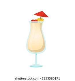 Cocktail Pina Colada in glass vector illustration. Cartoon isolated cup with white summer alcohol drink with umbrella and ice cubes, tropical fresh beverage for beach pool party in bar.