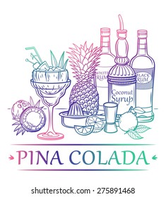 Cocktail Pina Colada with ingredients ( white and black rum, coconut syrup, coconut, pineapple, lime, pineapple leaves, ice ) and barman's instruments