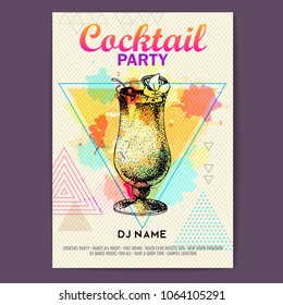 Cocktail pina colada on artistic polygon watercolor background. Cocktail disco party poster