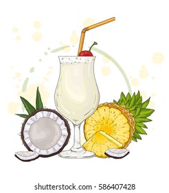 Cocktail Pina Colada over white background with pineapple and coconut vector illustration