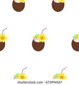 Cocktail pina colada. Seamless pattern with coconut. Vector flat background for wrapping paper, menu.