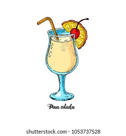 Cocktail pina colada in sketch style for menu, cocktail cards. Contemporary Classic cocktail. Longdrink. National drink of Puerto Rico