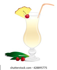 Cocktail Pina Colada with a slice of pineapple and a cherry on a white background