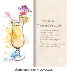 Cocktail Pina Colada. A sweet tropical cocktail. A delicious and refreshing Summer drink. Booklet with detailed recipe. Hand drawn vector illustration.