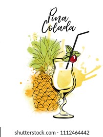 Cocktail Pina Colada. Watercolor vector background