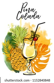 Cocktail Pina Colada. Watercolor vector background