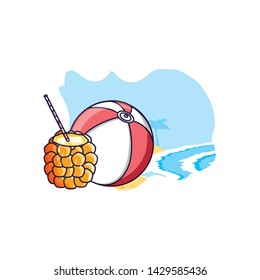 cocktail of pineapple in the beach with ball plastic