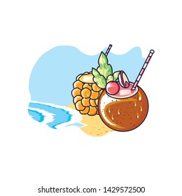 cocktail of pineapple in the beach with coconut